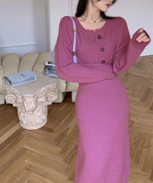 ニットセットアップ レディース2点セット カーディガン ワンピース キャミソールドレス ショート丈 ボタン セーター 着やせ セクシー 大人 お洒落 オルチャン 99HQB-001
