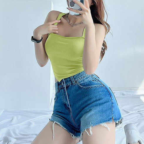 キャミソール ホルターネック 夏 韓国風 レディース タイトキャミソール V裾 へそ出し フィット感 細身 着やせ 大人 オルチャン ダンス おしゃれ セクシー 99HQY-002