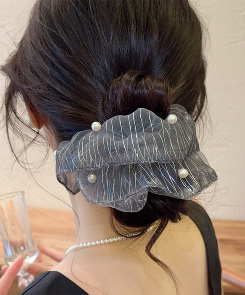 透け感シュシュ パール飾り ボリューム レディース ヘアアレンジ ヘアゴム 大きめ おしゃれ オルチャン 大人 可愛い お団子 フェミニン 女子会 パーティー 99HXGY-005