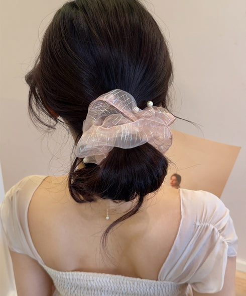 透け感シュシュ パール飾り ボリューム レディース ヘアアレンジ ヘアゴム 大きめ おしゃれ オルチャン 大人 可愛い お団子 フェミニン 女子会 パーティー 99HXGY-005