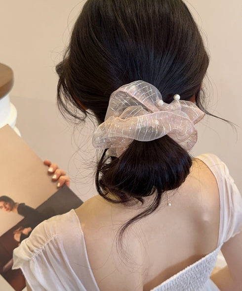 透け感シュシュ パール飾り ボリューム レディース ヘアアレンジ ヘアゴム 大きめ おしゃれ オルチャン 大人 可愛い お団子 フェミニン 女子会 パーティー 99HXGY-005