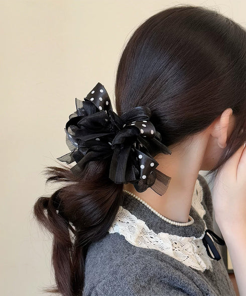 ドット柄 リボンシュシュ 韓国風ヘアゴム レディース ヘアアクセサリー ポニーテール 大人可愛い 髪飾り おしゃれ お団子ヘア 髪留め カジュアル ヘアアレンジ 99HXGY-006
