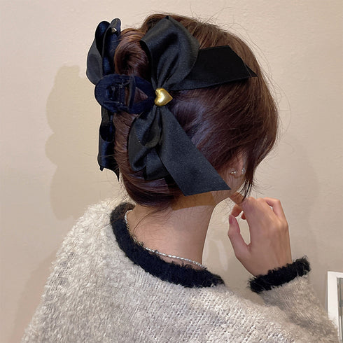リボンヘアクリップ ハート飾り 韓国風 レディース ヘアアクセサリー バンスクリップ ベルベット メタル 髪留め 大人 エレガント おしゃれ 韓国ファッション 99HXSP-006