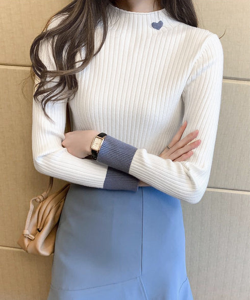 ニットトップス プチハイネック 配色 レディース ニットソー リブニット ハート刺しゅう 大人カジュアル 着やせ 韓国風 着回し 99HXX-001