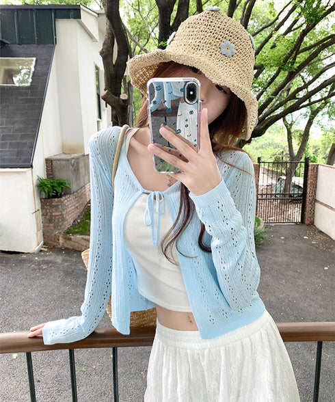 カーディガン 透かし編み レディース 長袖トップス 薄手 無地 セクシー 大人 可愛い おしゃれ 着やせ オルチャン 着回し フェミニン 冷房対策 99HZM-001