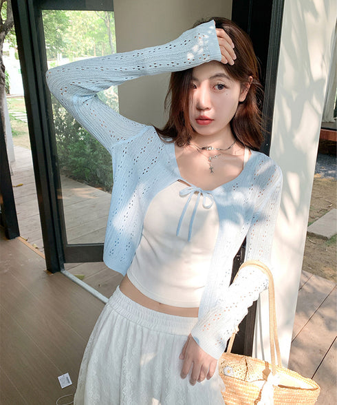 カーディガン 透かし編み レディース 長袖トップス 薄手 無地 セクシー 大人 可愛い おしゃれ 着やせ オルチャン 着回し フェミニン 冷房対策 99HZM-001