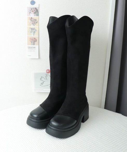 ロングブーツ レディース スエード調 ジョッキーブーツ ジッパー付き チャンキーヒール 秋冬 膝下 オルチャン おしゃれ オフィスカジュアル 疲れにくい 99JGXY-001