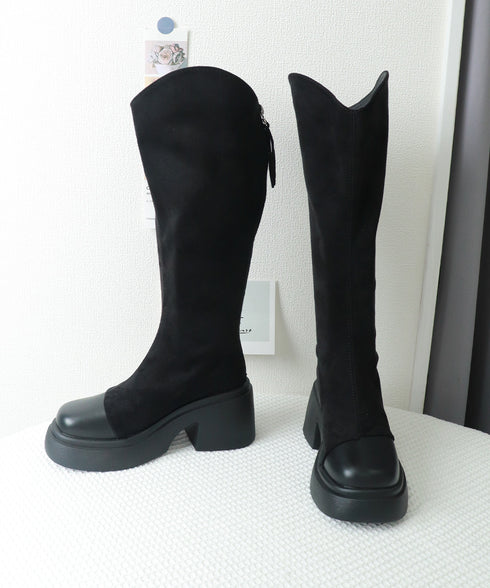 ロングブーツ レディース スエード調 ジョッキーブーツ ジッパー付き チャンキーヒール 秋冬 膝下 オルチャン おしゃれ オフィスカジュアル 疲れにくい 99JGXY-001