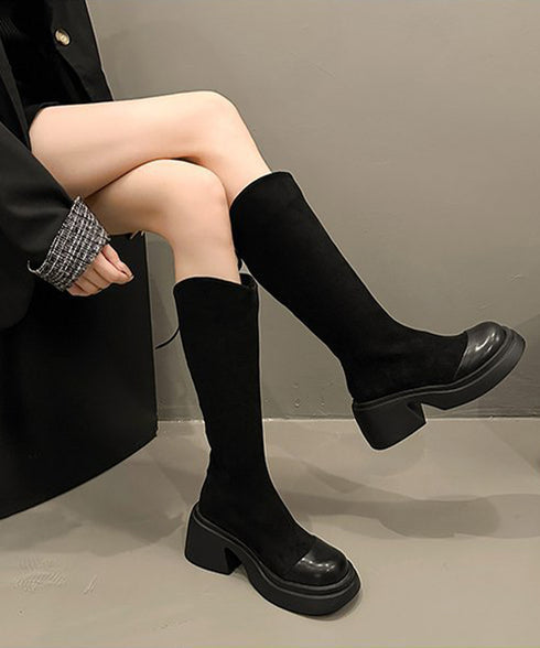 ロングブーツ レディース スエード調 ジョッキーブーツ ジッパー付き チャンキーヒール 秋冬 膝下 オルチャン おしゃれ オフィスカジュアル 疲れにくい 99JGXY-001