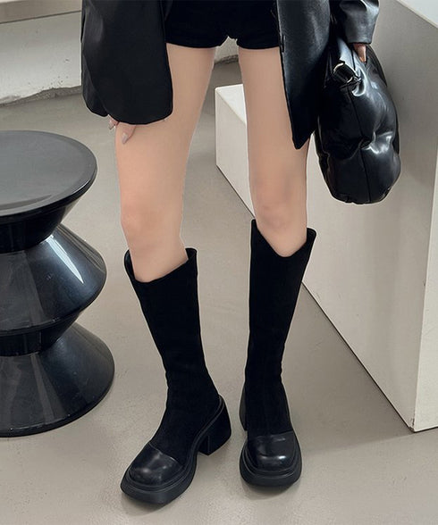 ロングブーツ レディース スエード調 ジョッキーブーツ ジッパー付き チャンキーヒール 秋冬 膝下 オルチャン おしゃれ オフィスカジュアル 疲れにくい 99JGXY-001