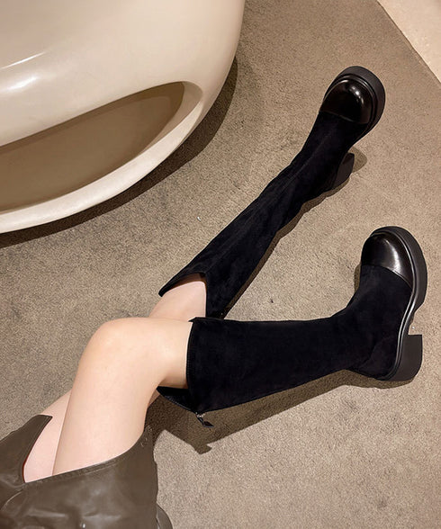 ロングブーツ レディース スエード調 ジョッキーブーツ ジッパー付き チャンキーヒール 秋冬 膝下 オルチャン おしゃれ オフィスカジュアル 疲れにくい 99JGXY-001