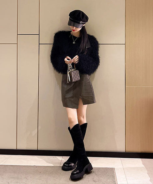 ロングブーツ レディース スエード調 ジョッキーブーツ ジッパー付き チャンキーヒール 秋冬 膝下 オルチャン おしゃれ オフィスカジュアル 疲れにくい 99JGXY-001