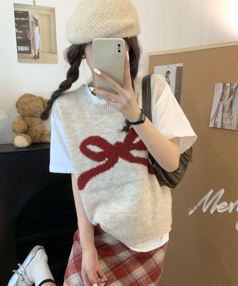 ニットベスト レディース ニットジレ ニットトップス ノースリーブ リボン柄 編み 体型カバー 重ね着 着やせ 大人 可愛い カジュアル オルチャン 春秋冬 99JNX-001