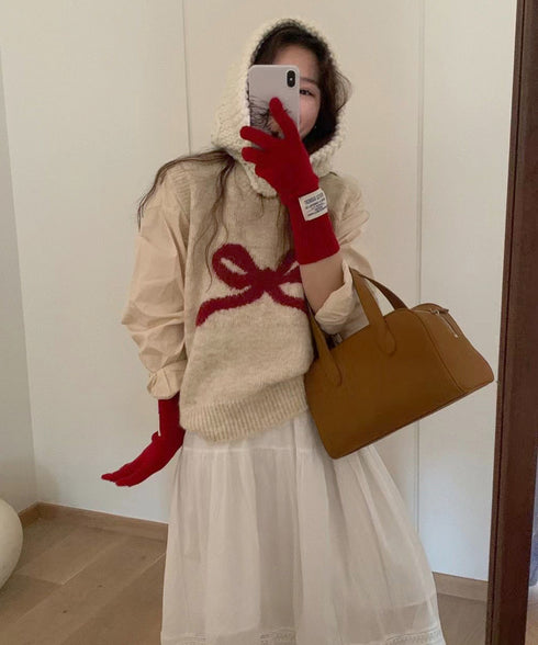 ニットベスト レディース ニットジレ ニットトップス ノースリーブ リボン柄 編み 体型カバー 重ね着 着やせ 大人 可愛い カジュアル オルチャン 春秋冬 99JNX-001