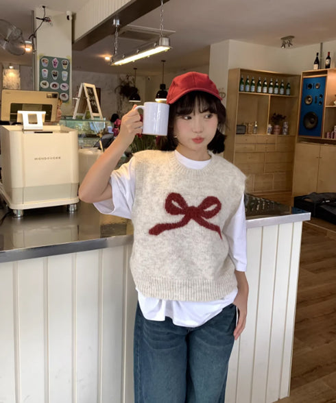 ニットベスト レディース ニットジレ ニットトップス ノースリーブ リボン柄 編み 体型カバー 重ね着 着やせ 大人 可愛い カジュアル オルチャン 春秋冬 99JNX-001