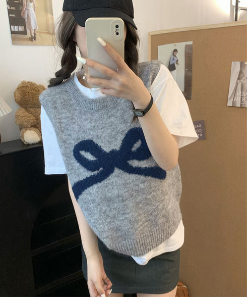 ニットベスト レディース ニットジレ ニットトップス ノースリーブ リボン柄 編み 体型カバー 重ね着 着やせ 大人 可愛い カジュアル オルチャン 春秋冬 99JNX-001