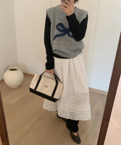 ニットベスト レディース ニットジレ ニットトップス ノースリーブ リボン柄 編み 体型カバー 重ね着 着やせ 大人 可愛い カジュアル オルチャン 春秋冬 99JNX-001