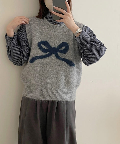 ニットベスト レディース ニットジレ ニットトップス ノースリーブ リボン柄 編み 体型カバー 重ね着 着やせ 大人 可愛い カジュアル オルチャン 春秋冬 99JNX-001