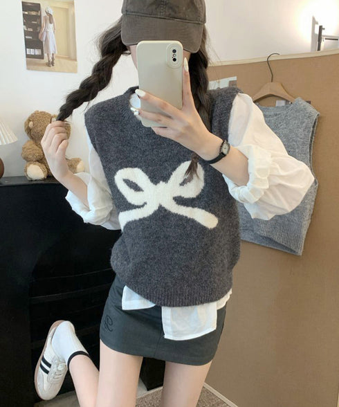 ニットベスト レディース ニットジレ ニットトップス ノースリーブ リボン柄 編み 体型カバー 重ね着 着やせ 大人 可愛い カジュアル オルチャン 春秋冬 99JNX-001