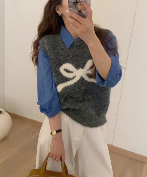 ニットベスト レディース ニットジレ ニットトップス ノースリーブ リボン柄 編み 体型カバー 重ね着 着やせ 大人 可愛い カジュアル オルチャン 春秋冬 99JNX-001