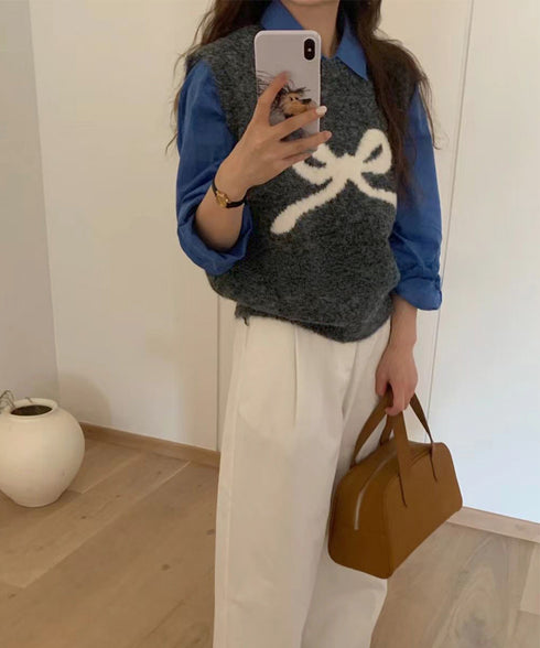 ニットベスト レディース ニットジレ ニットトップス ノースリーブ リボン柄 編み 体型カバー 重ね着 着やせ 大人 可愛い カジュアル オルチャン 春秋冬 99JNX-001