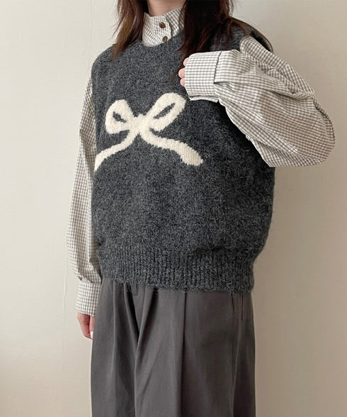 ニットベスト レディース ニットジレ ニットトップス ノースリーブ リボン柄 編み 体型カバー 重ね着 着やせ 大人 可愛い カジュアル オルチャン 春秋冬 99JNX-001