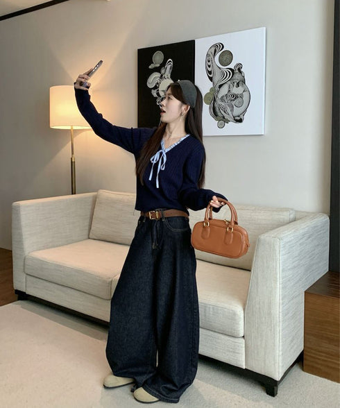 ニットトップスレディース リボン フリル ニットソー セーター Vネック プルオーバー 長袖 無地 着やせ きれいめ 大人 可愛い おしゃれ カジュアル 人気 99JNX-002