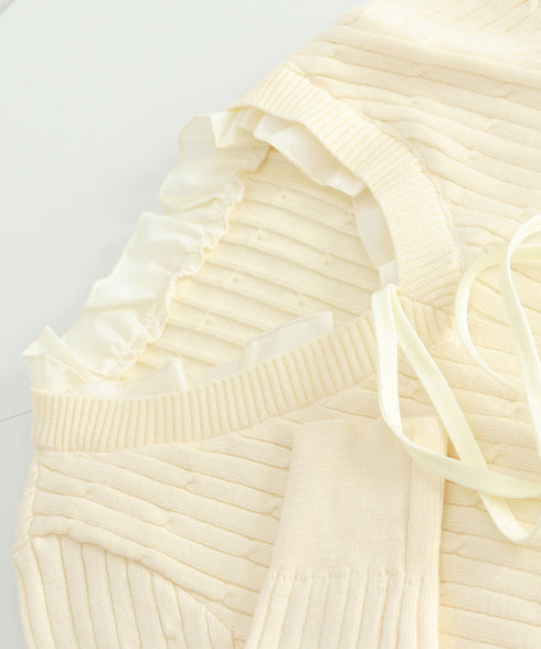 ニットトップスレディース リボン フリル ニットソー セーター Vネック プルオーバー 長袖 無地 着やせ きれいめ 大人 可愛い おしゃれ カジュアル 人気 99JNX-002