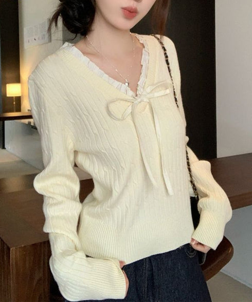 ニットトップスレディース リボン フリル ニットソー セーター Vネック プルオーバー 長袖 無地 着やせ きれいめ 大人 可愛い おしゃれ カジュアル 人気 99JNX-002