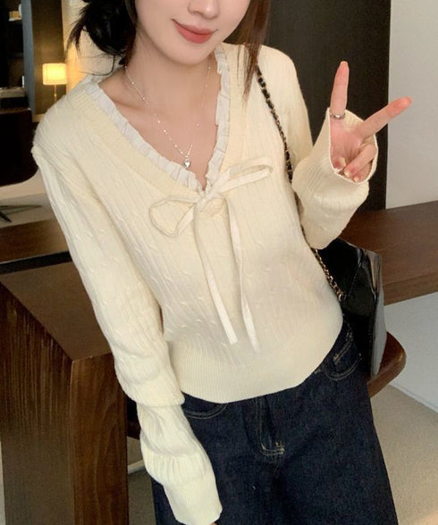 ニットトップスレディース リボン フリル ニットソー セーター Vネック プルオーバー 長袖 無地 着やせ きれいめ 大人 可愛い おしゃれ カジュアル 人気 99JNX-002