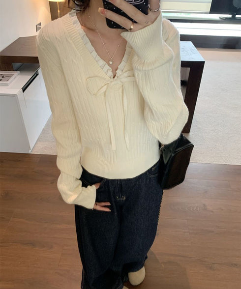 ニットトップスレディース リボン フリル ニットソー セーター Vネック プルオーバー 長袖 無地 着やせ きれいめ 大人 可愛い おしゃれ カジュアル 人気 99JNX-002