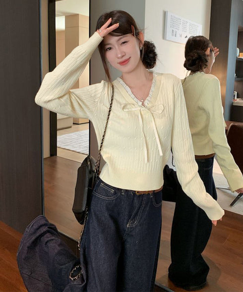 ニットトップスレディース リボン フリル ニットソー セーター Vネック プルオーバー 長袖 無地 着やせ きれいめ 大人 可愛い おしゃれ カジュアル 人気 99JNX-002