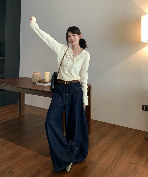 ニットトップスレディース リボン フリル ニットソー セーター Vネック プルオーバー 長袖 無地 着やせ きれいめ 大人 可愛い おしゃれ カジュアル 人気 99JNX-002