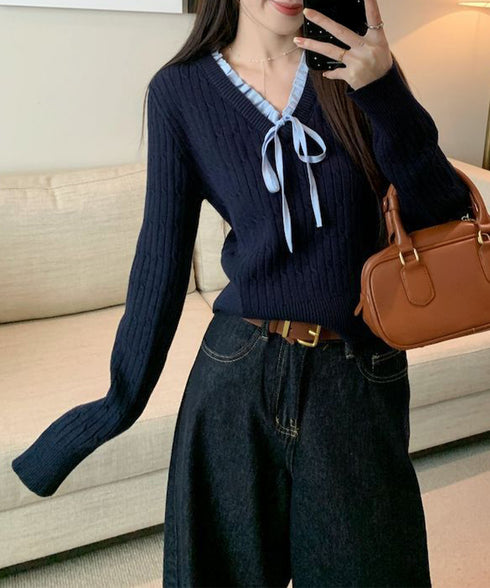 ニットトップスレディース リボン フリル ニットソー セーター Vネック プルオーバー 長袖 無地 着やせ きれいめ 大人 可愛い おしゃれ カジュアル 人気 99JNX-002