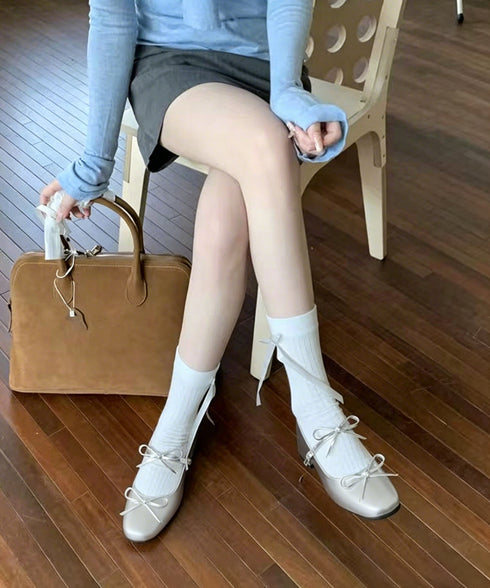 リボン バレエパンプス 美脚ヒール パンプス レディース スクエアトゥ チャンキーヒール きれいめ 歩きやすい オシャレ 大人可愛い 結婚式 披露宴 99JRDZ-001