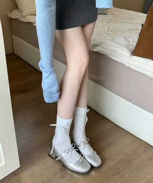 リボン バレエパンプス 美脚ヒール パンプス レディース スクエアトゥ チャンキーヒール きれいめ 歩きやすい オシャレ 大人可愛い 結婚式 披露宴 99JRDZ-001