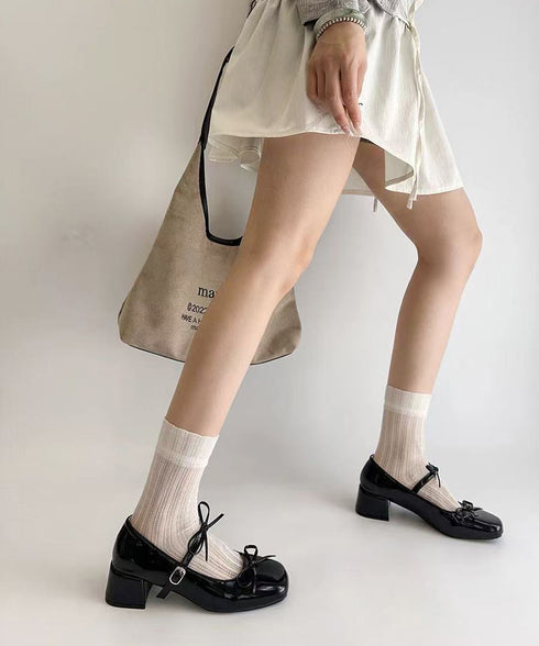 リボン バレエパンプス 美脚ヒール パンプス レディース スクエアトゥ チャンキーヒール きれいめ 歩きやすい オシャレ 大人可愛い 結婚式 披露宴 99JRDZ-001
