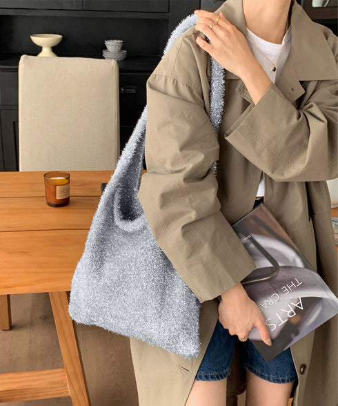 ニットトートバッグ ラメシャギー 無地バッグ 手提げかばん シンプル 折り畳み a4対応 柔らかい 肩掛けバッグ 軽量 通勤通学 ユニセックス 99JXF-001