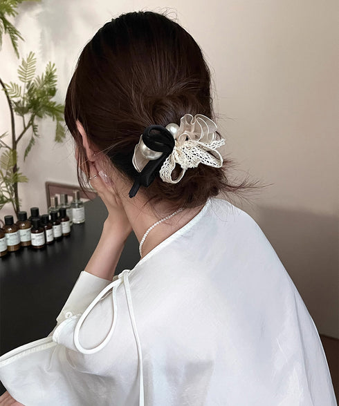ヘアゴム シュシュ レース蝶結び 韓国風 レディース 髪飾り ヘアアレンジ ヘアアクセサリー 透け感 パール付き 人気 大人可愛い オルチャン おしゃれ 雑貨 99JXSP-006