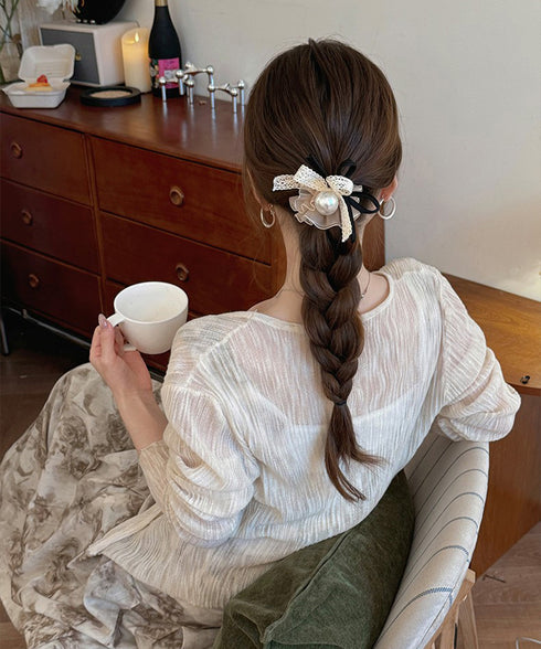 ヘアゴム シュシュ レース蝶結び 韓国風 レディース 髪飾り ヘアアレンジ ヘアアクセサリー 透け感 パール付き 人気 大人可愛い オルチャン おしゃれ 雑貨 99JXSP-006