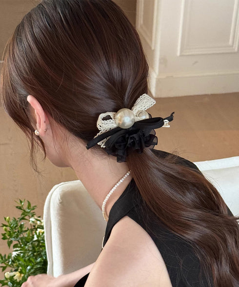 ヘアゴム シュシュ レース蝶結び 韓国風 レディース 髪飾り ヘアアレンジ ヘアアクセサリー 透け感 パール付き 人気 大人可愛い オルチャン おしゃれ 雑貨 99JXSP-006