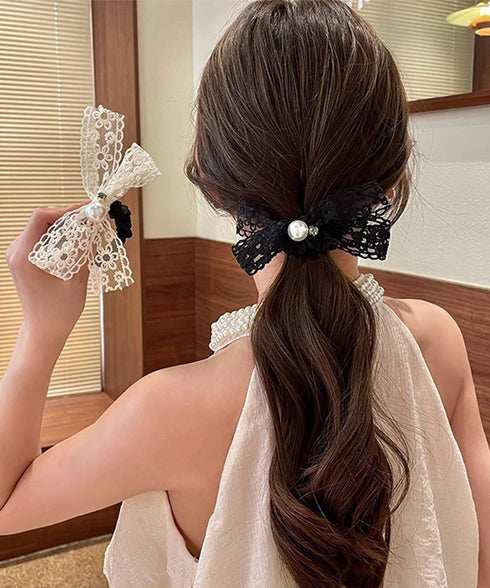 シュシュ レースリボン パール ヘアゴム レディース 蝶結び まとめ髪 髪飾り 簡単 オルチャン おしゃれ 大人 可愛い フェミニン 女子会 デート 発表会 雑貨 99JXSP-009