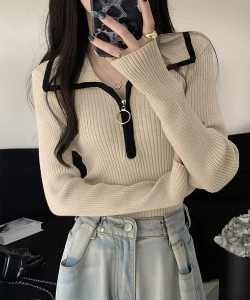 ニットトップス ファスナー付き 無地 レディース プルオーバー ニットインナー 着回し 大人 お洒落 カジュアル オフィス シンプル 99KJNZ-001