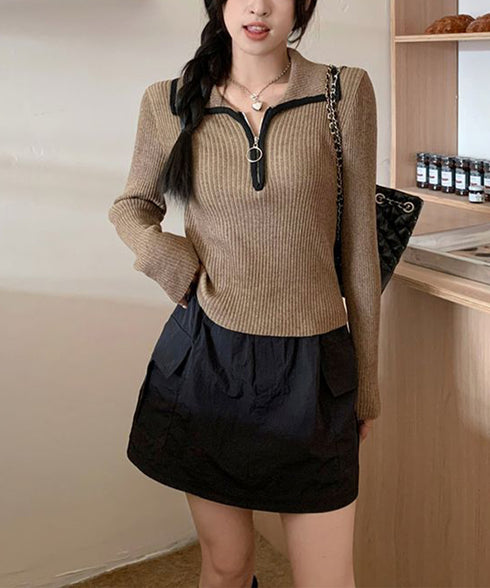 ニットトップス ファスナー付き 無地 レディース プルオーバー ニットインナー 着回し 大人 お洒落 カジュアル オフィス シンプル 99KJNZ-001