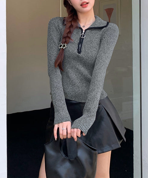 ニットトップス ファスナー付き 無地 レディース プルオーバー ニットインナー 着回し 大人 お洒落 カジュアル オフィス シンプル 99KJNZ-001