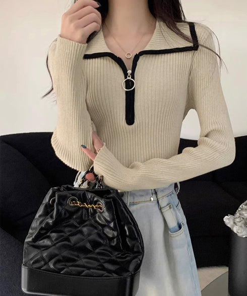 ニットトップス ファスナー付き 無地 レディース プルオーバー ニットインナー 着回し 大人 お洒落 カジュアル オフィス シンプル 99KJNZ-001