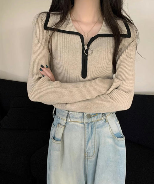 ニットトップス ファスナー付き 無地 レディース プルオーバー ニットインナー 着回し 大人 お洒落 カジュアル オフィス シンプル 99KJNZ-001