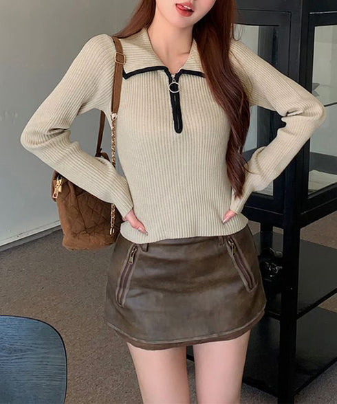 ニットトップス ファスナー付き 無地 レディース プルオーバー ニットインナー 着回し 大人 お洒落 カジュアル オフィス シンプル 99KJNZ-001