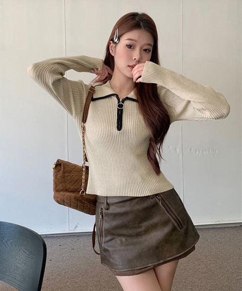 ニットトップス ファスナー付き 無地 レディース プルオーバー ニットインナー 着回し 大人 お洒落 カジュアル オフィス シンプル 99KJNZ-001