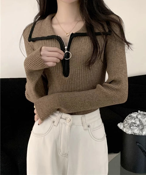 ニットトップス ファスナー付き 無地 レディース プルオーバー ニットインナー 着回し 大人 お洒落 カジュアル オフィス シンプル 99KJNZ-001
